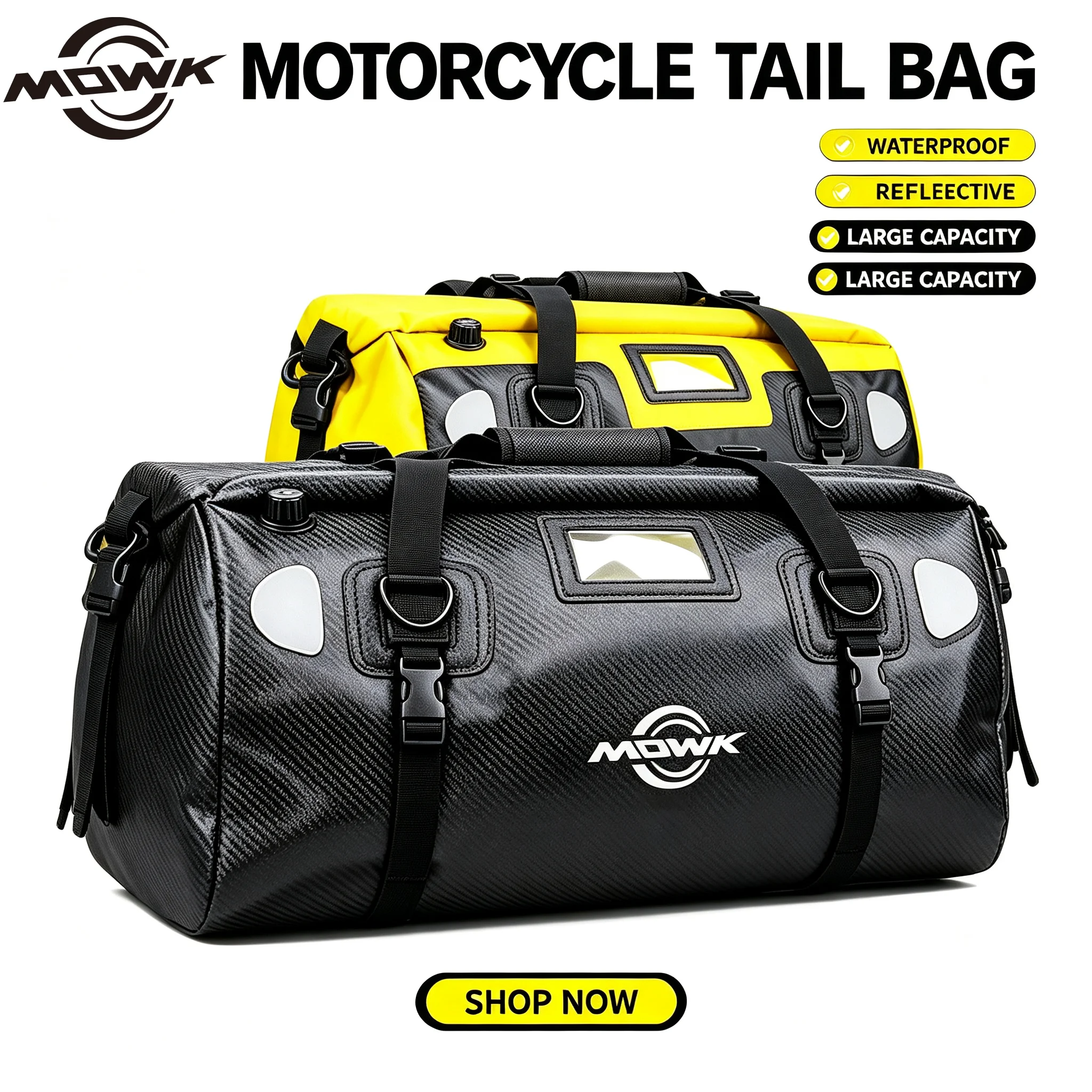 MOWK 40/66L Waterproof Motorcycle Tail Bag 500D PVC Universal Rear Seat Luggage Bag High Capacity Reflective Motorbike Dry Bag