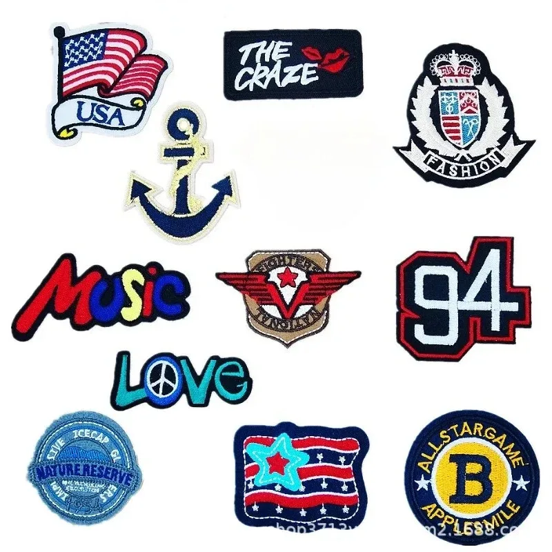 50pcs/Lot Stick-on Anime Embroidery Patch Love Flag Anchor Music Letter Shirt Bag Clothing Decoration Accessory Craft Applique