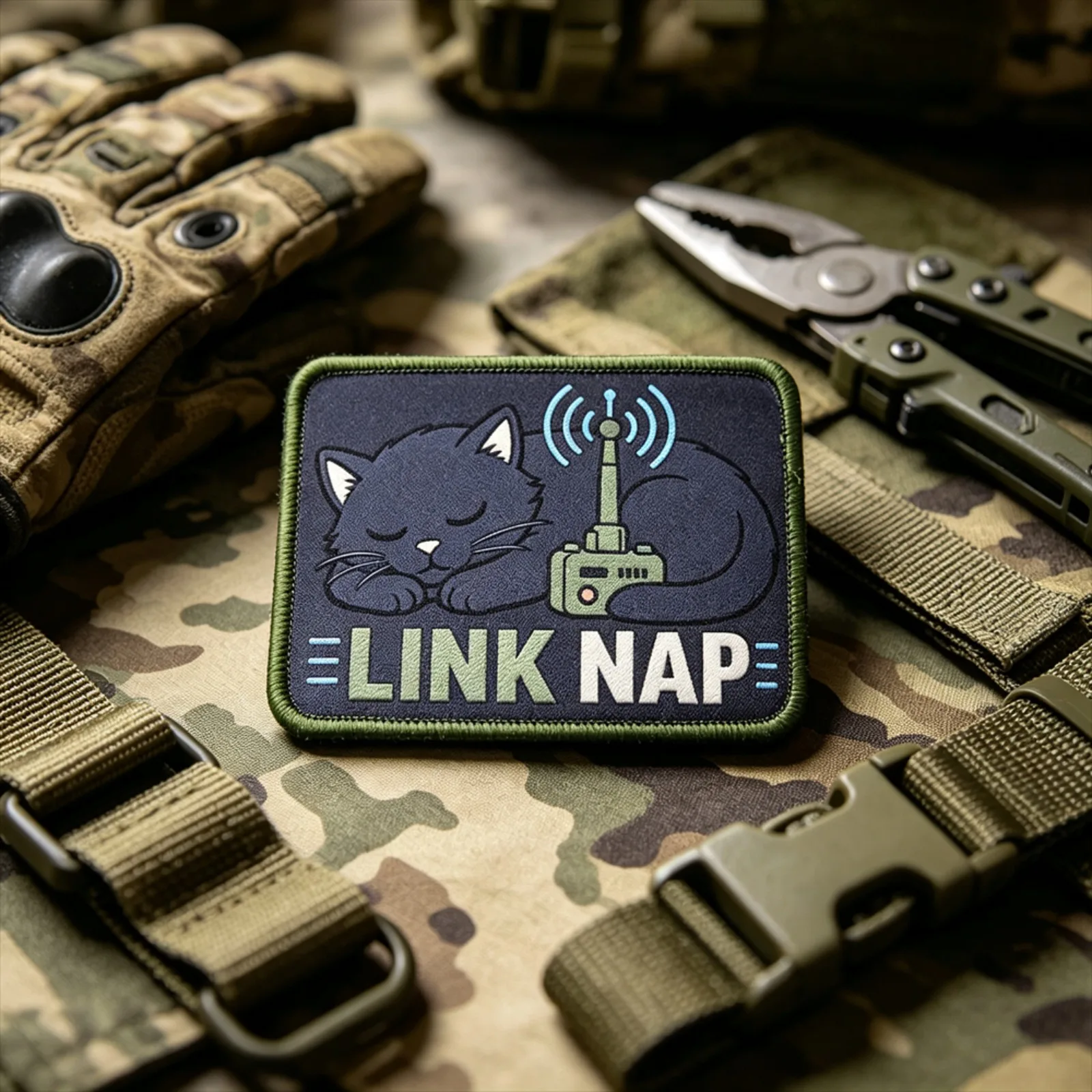 LINK NAP CAT Patch Hook Loop Printed Tactical Morale Badge Meme Animal Fabric Cloth Sticker for Backpack Jacket