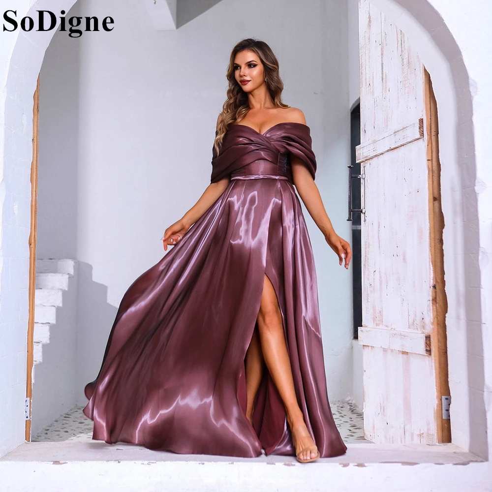 SoDigne 2025 Dark Mauve Evening Dresses Off Shoulder Side Slit Prom Gowns A-Line Draped Pleated Romantic Party Dress Customized