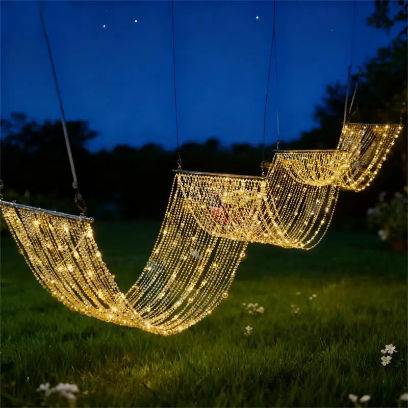 4pcs Outdoor Waterproof Crystal Bead String Lights, Led Fairy Light Curtain For Garden Wedding Party Backyard Romantic Decor