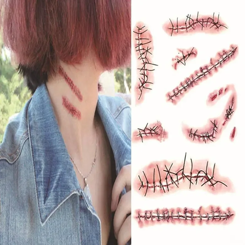 Body Makeup Tattoo Stickers Halloween Simulation Horror Waterproof Bleeding Suture Scars Stickers DIY Decoration Party Supplies