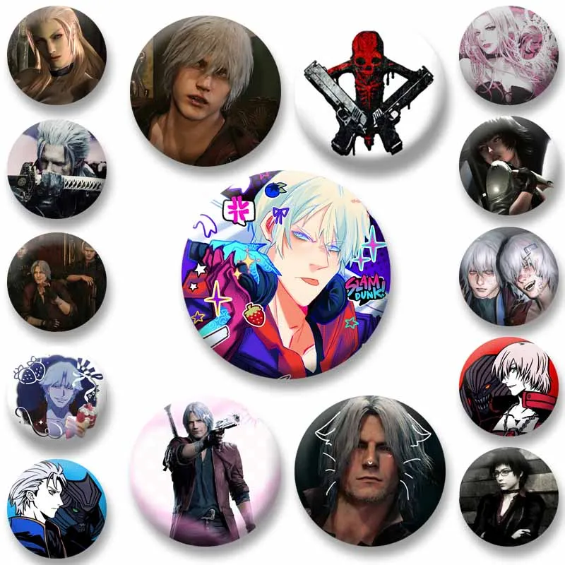 Anime Game Devil May Cry Can Badges Funny Cartoon Figure Dante Brooch Round Snap Lapel Pins Backpack Exquisite Accessories Gifts