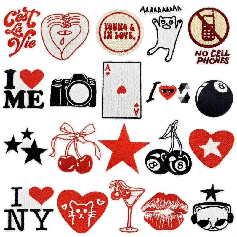 Lips Camera Star Cherry Heart Cat Black 8 Iron-on Sew Embroidery Badge Patch DIY T-shirt Hat Backpack Clothing Appliques Sticker