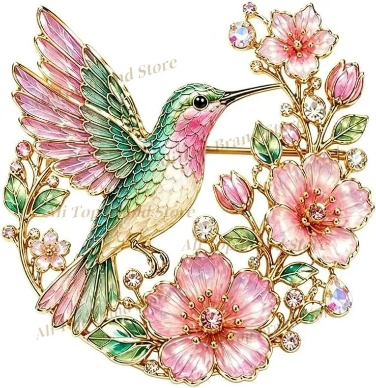 Hummingbird Brooch Enamel Flower Pin, Hummingbird Blossom Brooch Pin for Women, Cute Bird Floral Jewelry Brooch Pin for Bag Hat