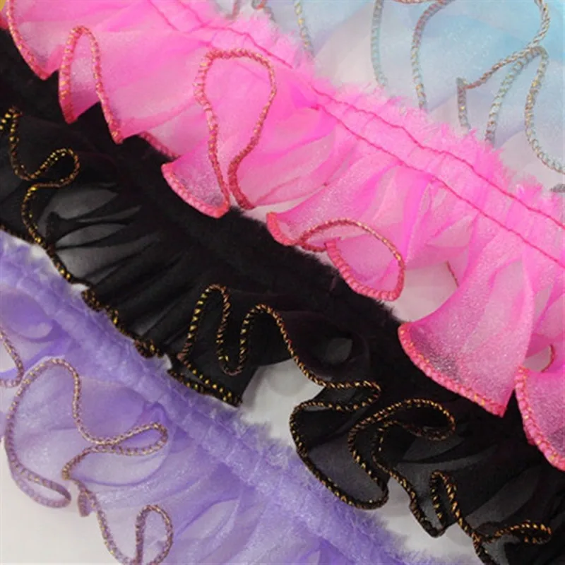 30 Yards Gold Edge Ruffle Lace Edge Trim Pleated Ribbon Fabric Hem 2.16'' Width