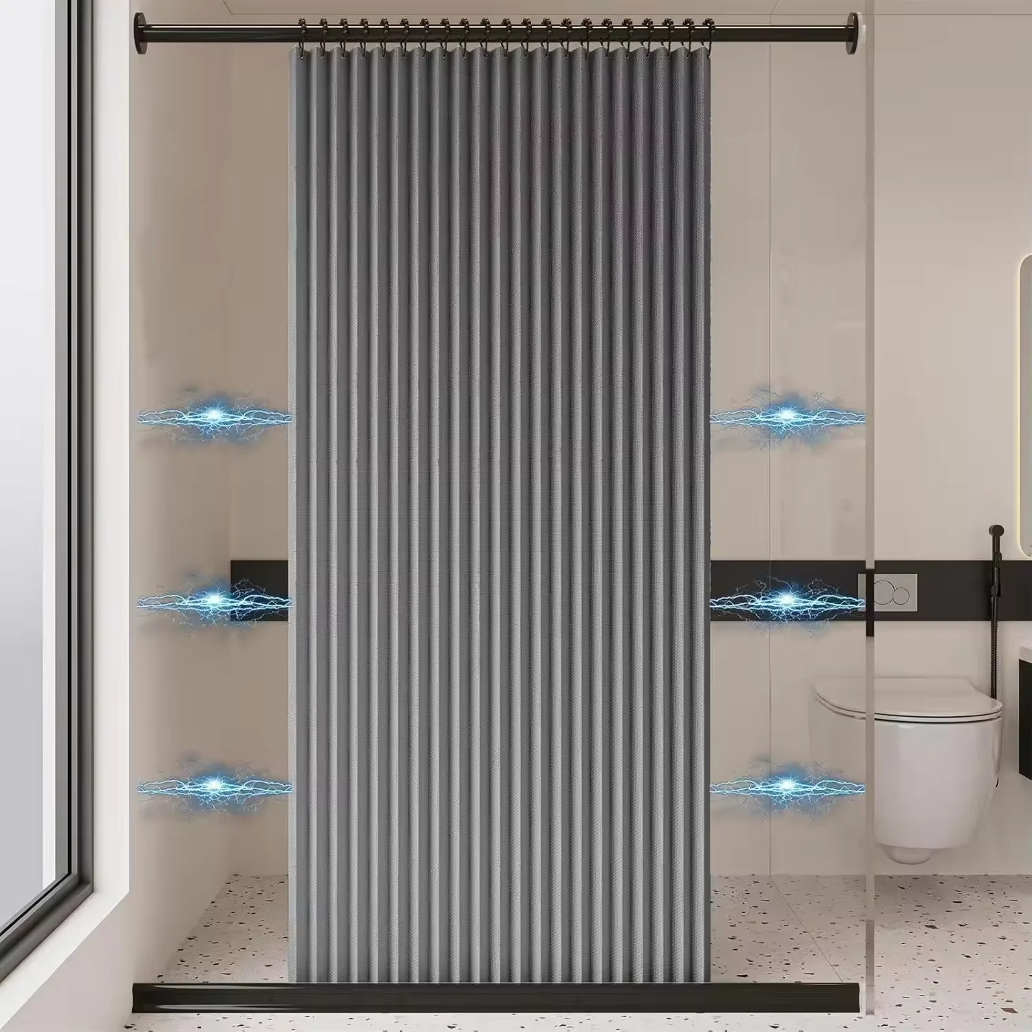 Waterproof Magnetic Linen Bath Curtain Foldable Design for Walk-In Shower No Rod