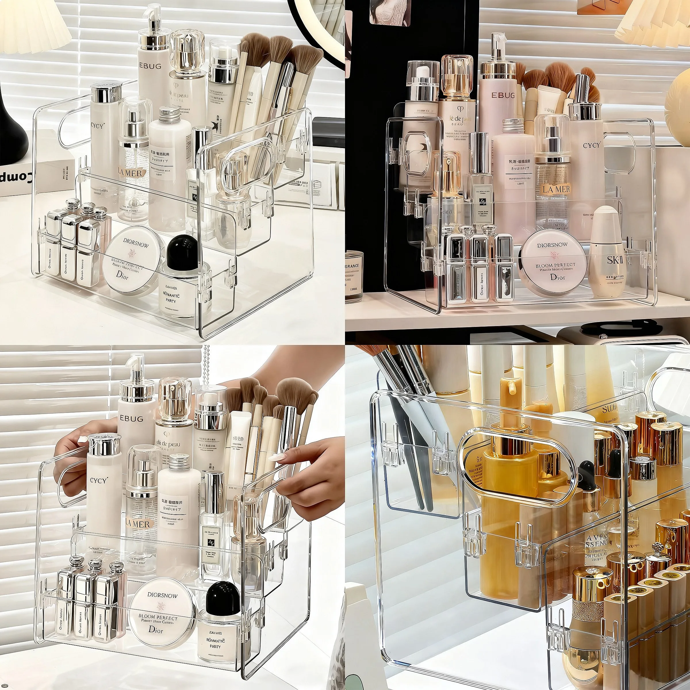 1pc transparent portable three compartment cosmetic storage box desktop dresser large capacity skin care perfume display rack