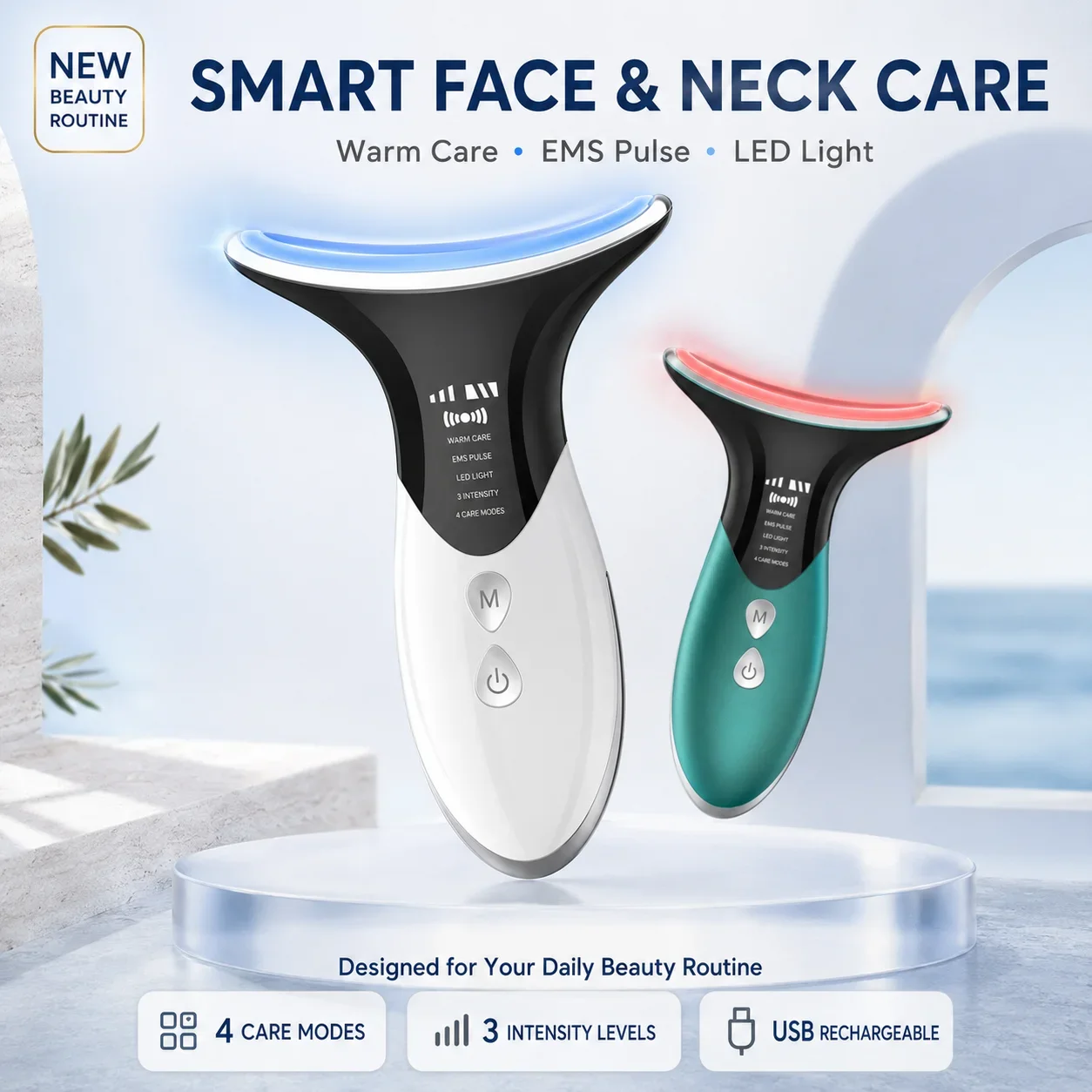 EMS Neck Face Beauty Device Hot Cold Facial Massager LED Light 45°C Warm Care USB Rechargeable Portable Skin Care Tool for Women
