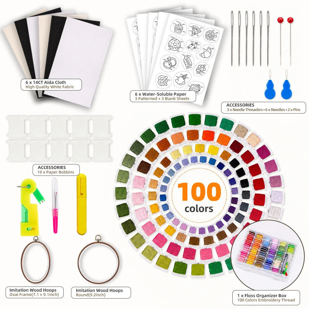 Full Embroidery Starter Kit 100 Colors Thread Organizer Box 14CT Aida Cloth Hoops for Beginner DIY Cross Stitch Tools Set