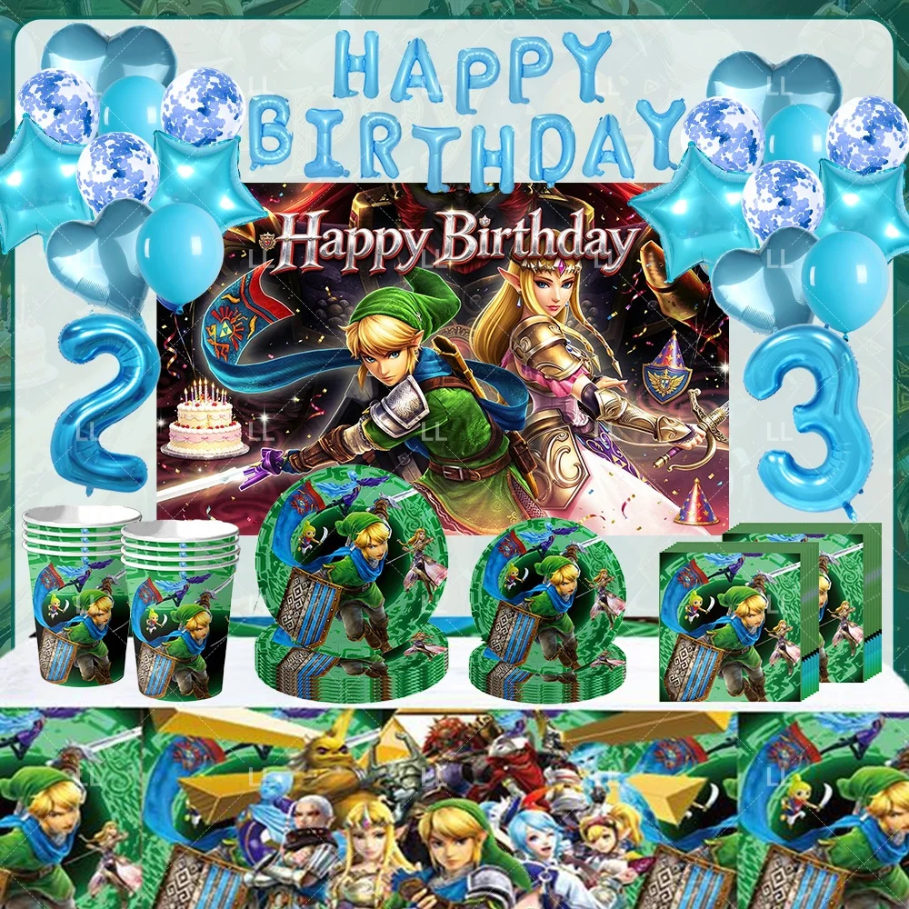 Z-Zeldaa Legends Adventure Game Birthday Party Decoration Paper Plates Cups Napkins Tableware Set Gift Boys Favor Party Supplies