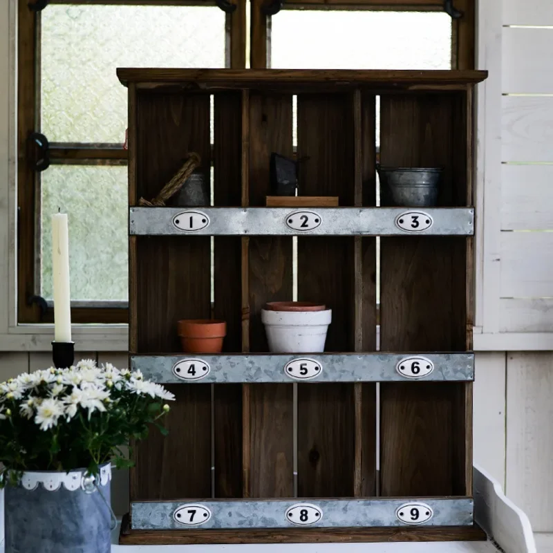 Nine Grid Retro Multi-functional Storage Rack Wooden Cup Storage Cabinet Horticultural Grocery Coffee Shop Decorative Rack