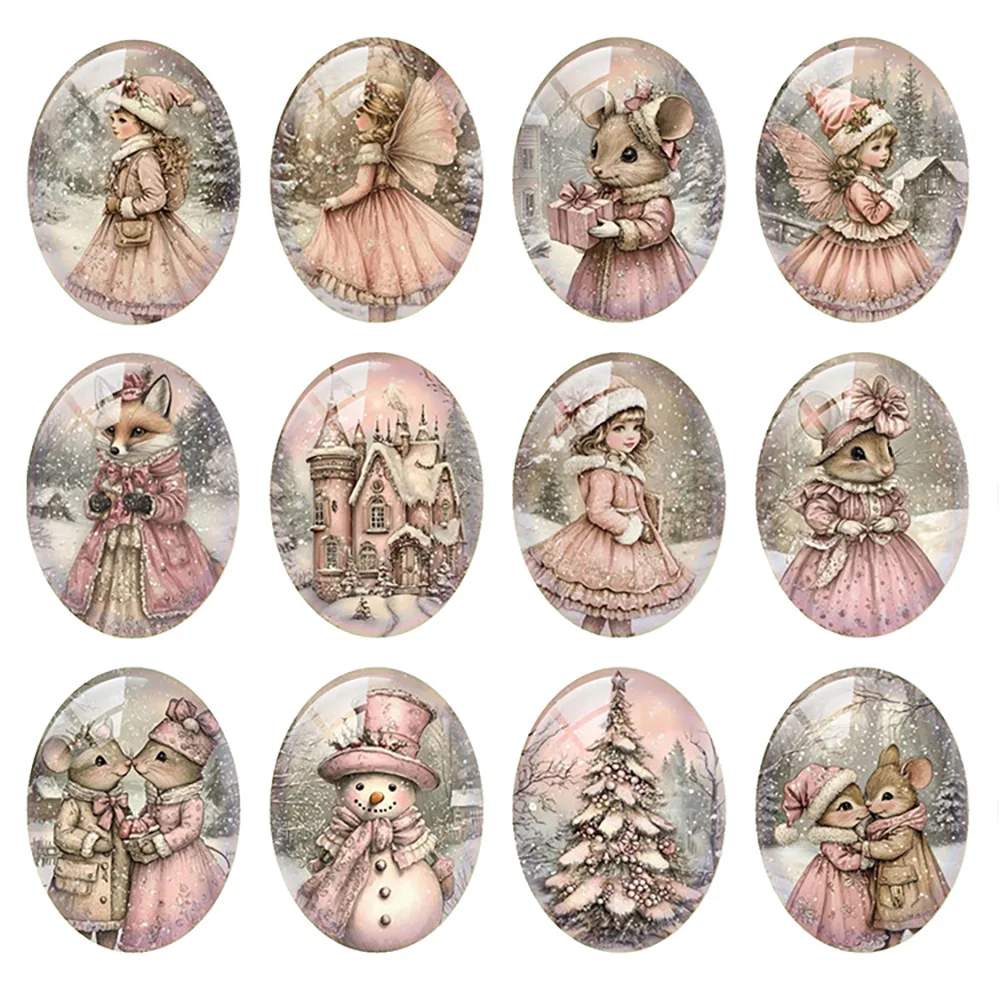 10pcs/lot Christmas Pink Snowflakes Fairy Tree Mouse Fox Oval Photo Glass Cabochon Flatback Demo Cameo Diy Jewelry Making