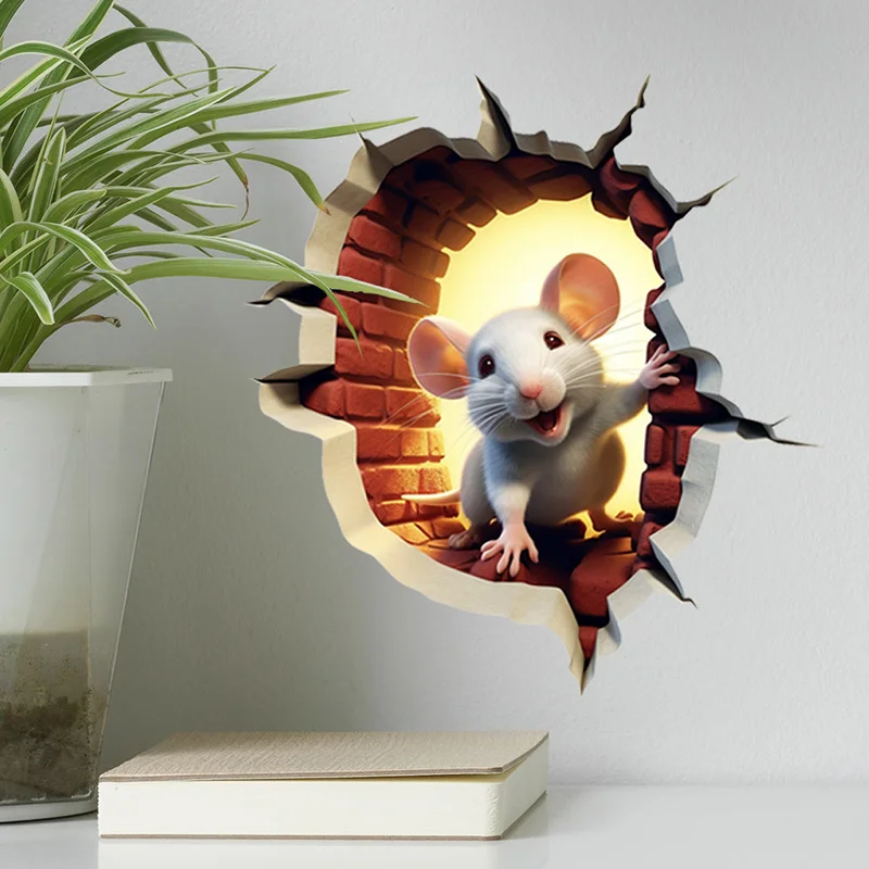 T855#Cartoon 3d Broken Wall Mouse Hole Living Room Bedroom Decoration Wall Stickers Wall Stickers