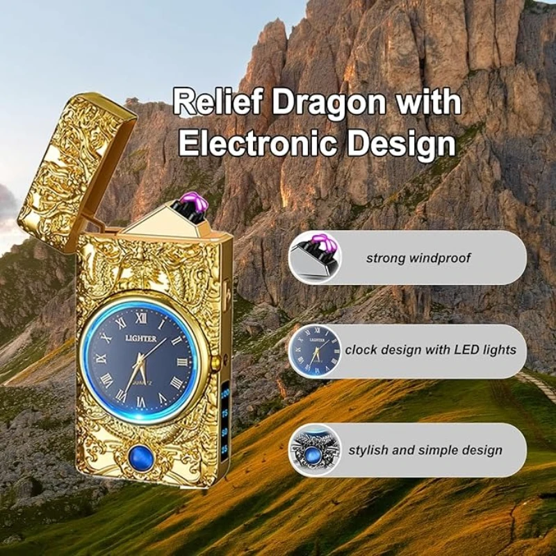 Portable Metal Clock Dual Arc Lighter: LED Display, USB Rechargeable Flameless, with Outdoor Camping Flashlight, Perfect Gifts