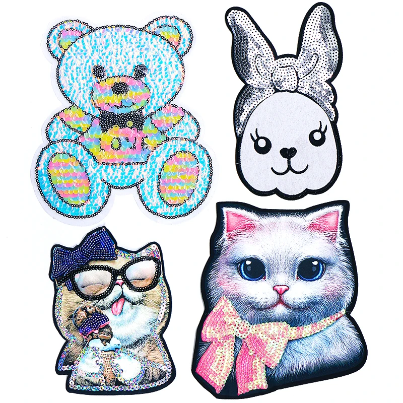 Kawaii Patch Sew on Cute Digital Printing Cat Rabbit Shine Bear Cartoon Badges Appliques for Clothing