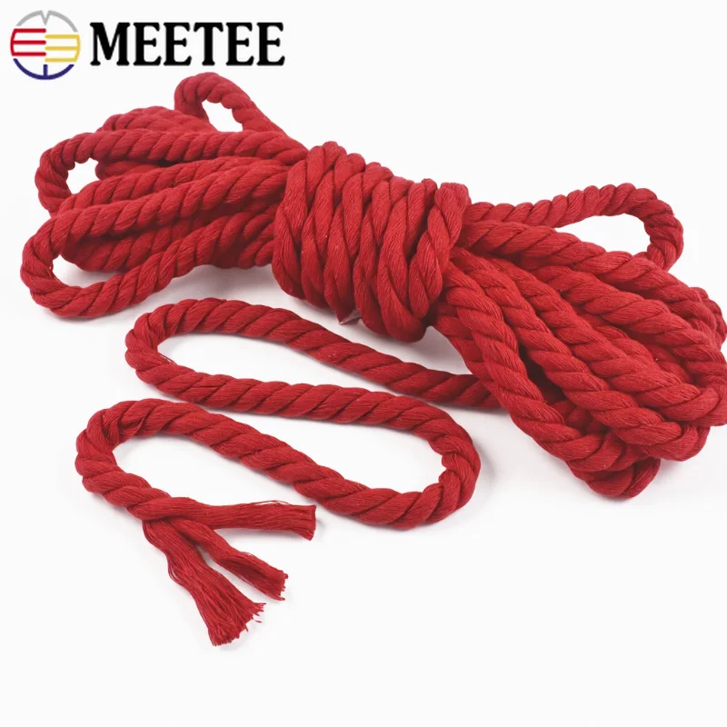 4/5/10M Red Cotton Rope 3 Strand Twisted Cord 5-20mm Braided Macrame Ropes for Bag Belt Knapsack Clothes DIY Sewing Accessories
