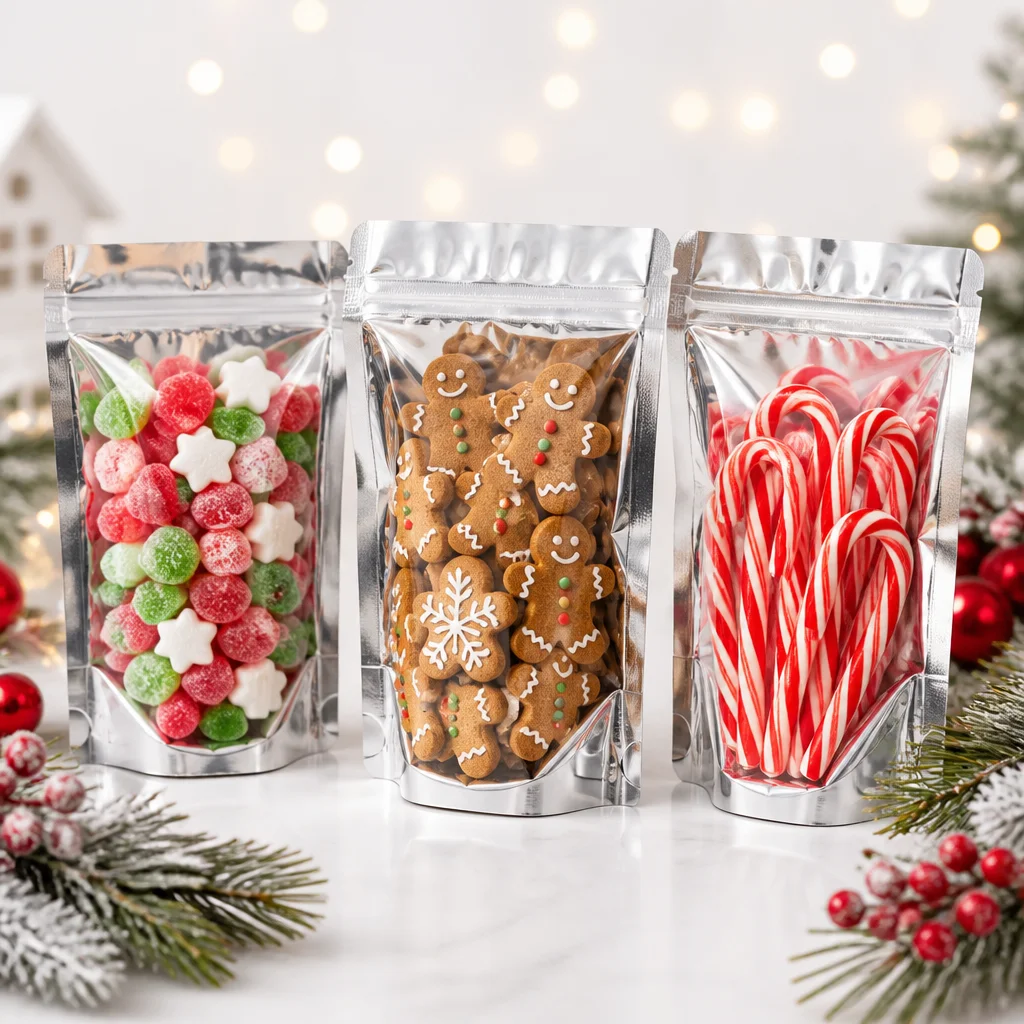 100/50PCS Christmas Clear Window Stand Up Foil Pouches, Resealable Airtight Mylar Bags for Holiday Cookies & Candies