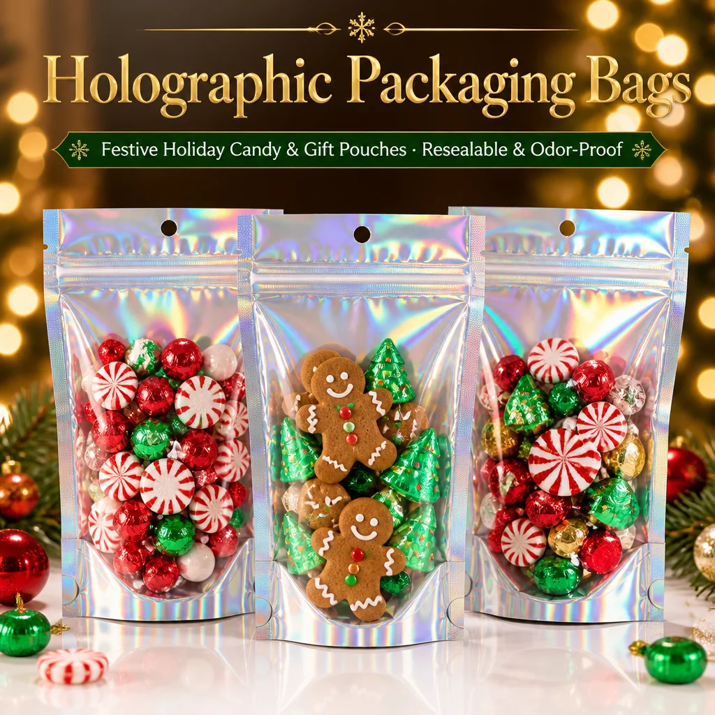 100PCS Holographic Stand Up Pouches Resealable Ziplock Bags Clear Window Christmas Candy Cookie Food Packaging Doypack
