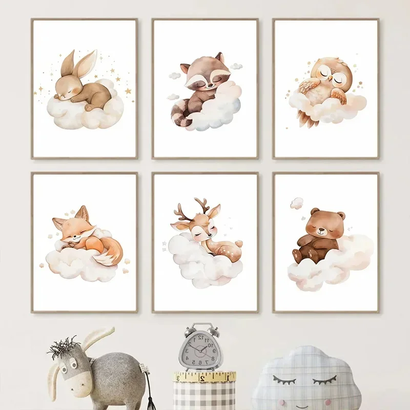 Cartoon Cloud Animal Canvas Painting Wall Art Cute Raccoon Fox Deer Kids Bedroom Poster Nursery Picture Baby Room Decor Mural
