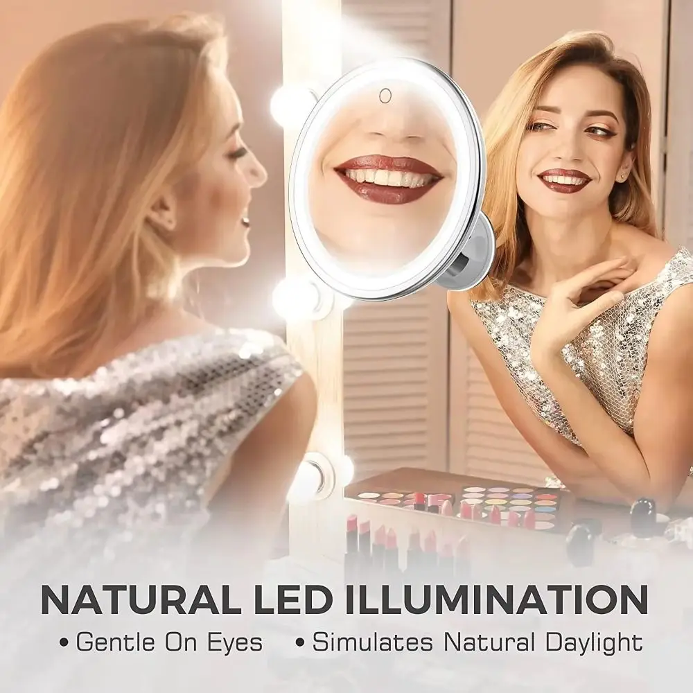 Flexible 10x Magnifying Travel Makeup Mirror 3 Color Lighting Modes Touch Screen Touch Screen Vanity Mirror Bottom Sucker