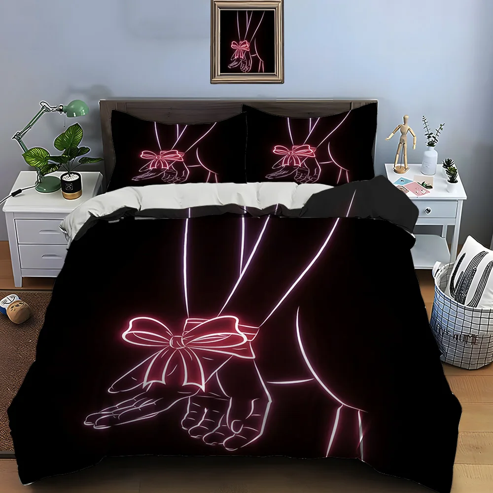 Red ribbon hands outline Bedding Set for Kids Luxury Gift 3pcs Digital Print Comforter Set Soft Comfortable Breathable