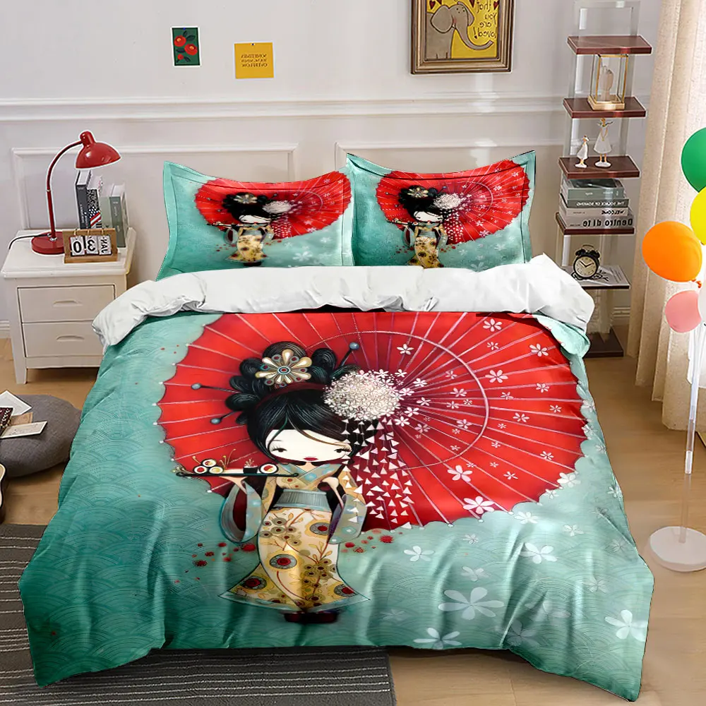 Geisha with red umbrella and sushi Pattern Duvet Cover Set Digital Print Colorful Polyester Bedding with Zipper Closur for gifts