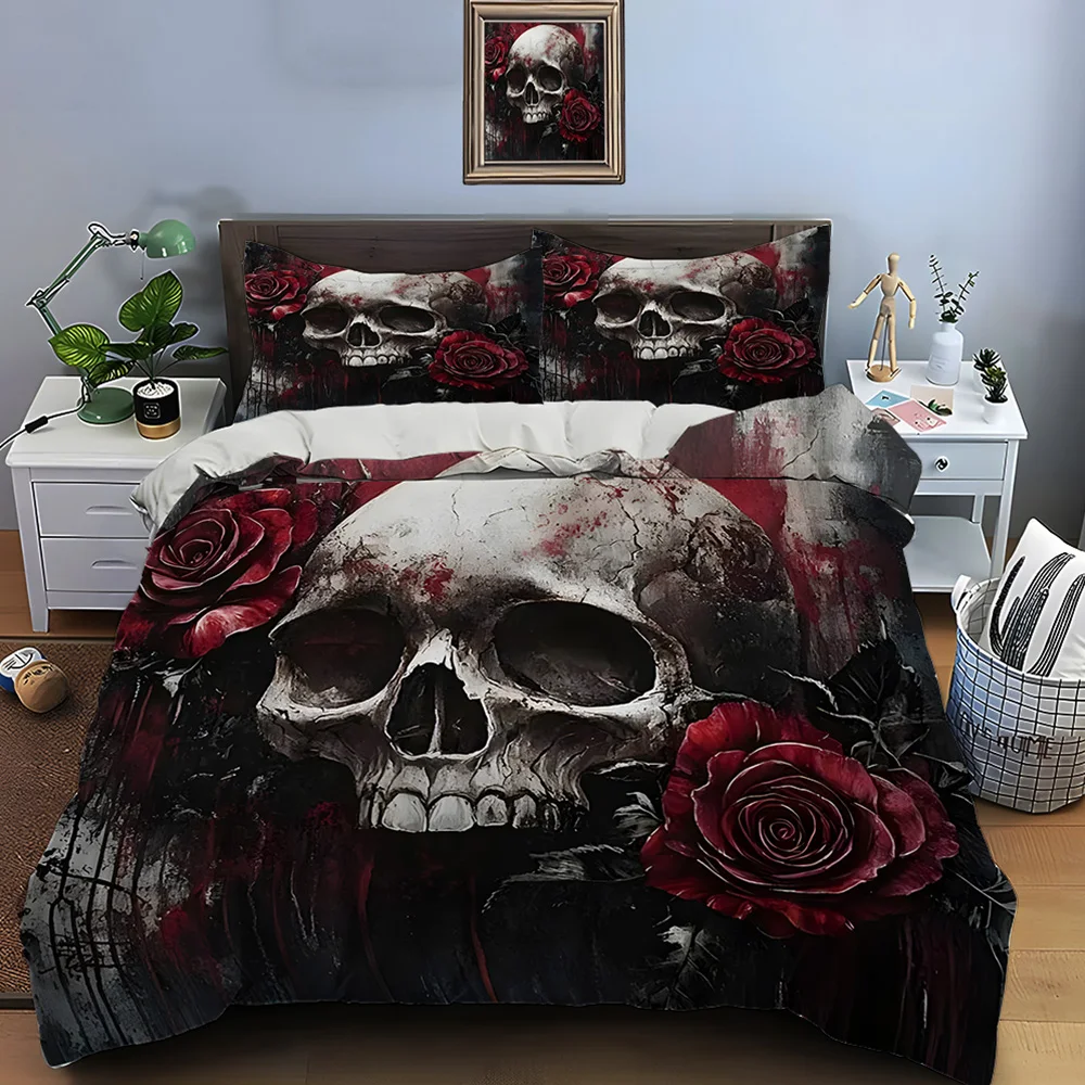 Dark series Skull and Red Roses Bedding Set for Kids Luxury Gift 3pcs Digital Print Comforter Set Soft Comfortable Breathable