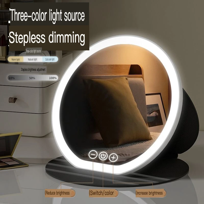 Portable Foldable LED Makeup Mirror with round Leather Case Rechargeable Light-Emitting Supplementary Light for Beauty And Fashi