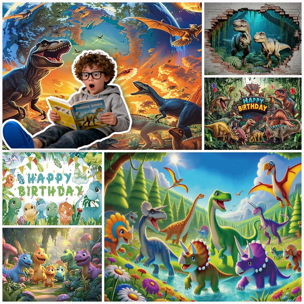 Cartoon Dinosaur Jungle Birthday Party Background Volcanic Off-Road Adventure Banner Backdrop Kid Room Photo Prop Party Supplies