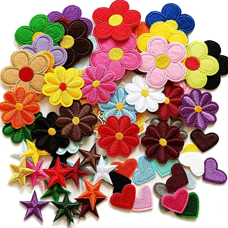 2-10Pcs Flower Iron on Patches Cute Daisy Embroidered Appliques Patches Love Star Sew on Patch for Clothes Jeans Hats Shoes Bags