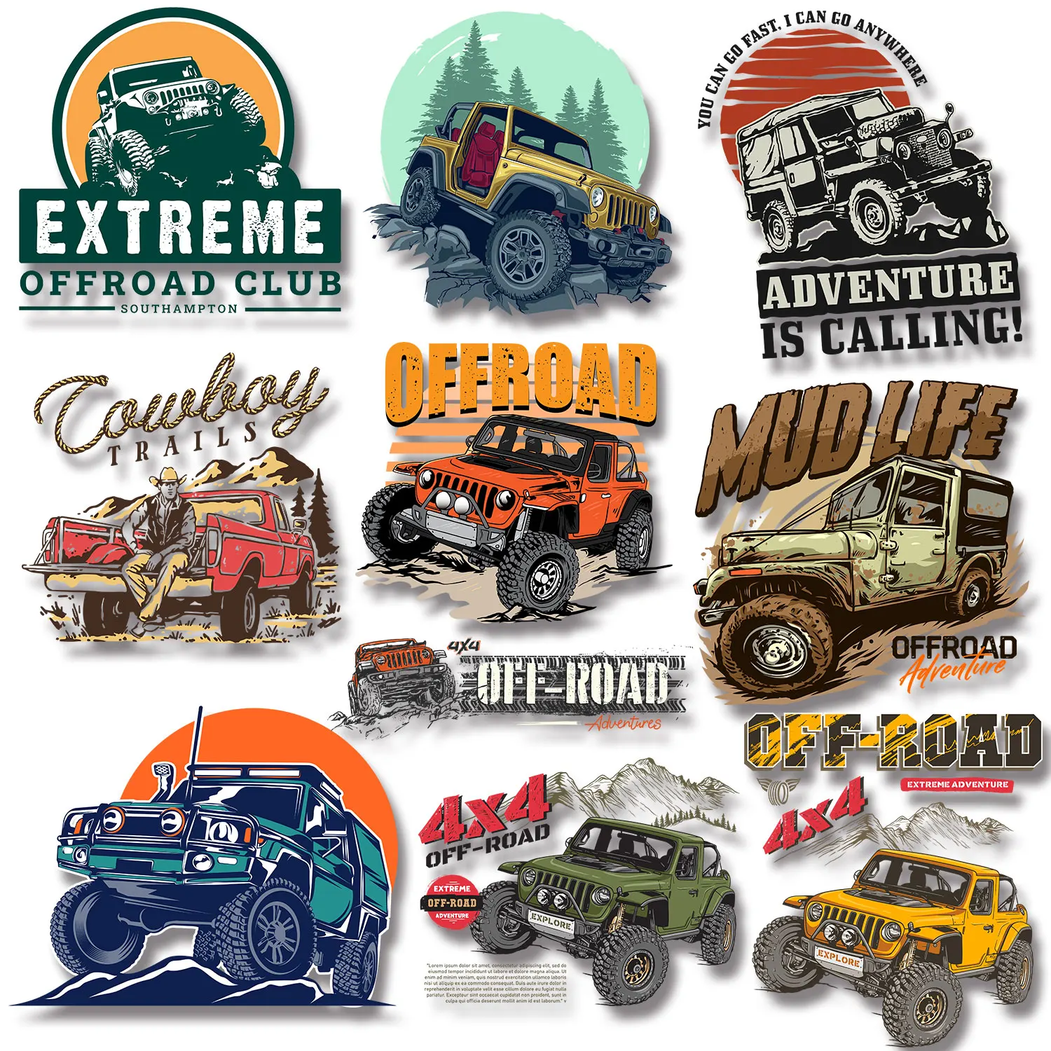Offroad Club Adventure Cowboy Trails Mud Life Iron-on Transfers for Clothing Easy to Use Washable DIY Decoration