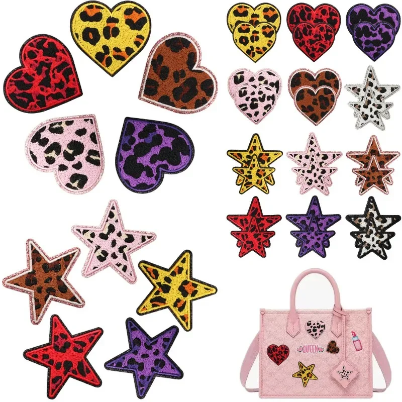 Leopard Print Peach Love Heart Star Iron-on Sew Embroidered Badge Patches for DIY T-shirt Backpack Clothing Appliques Sticker