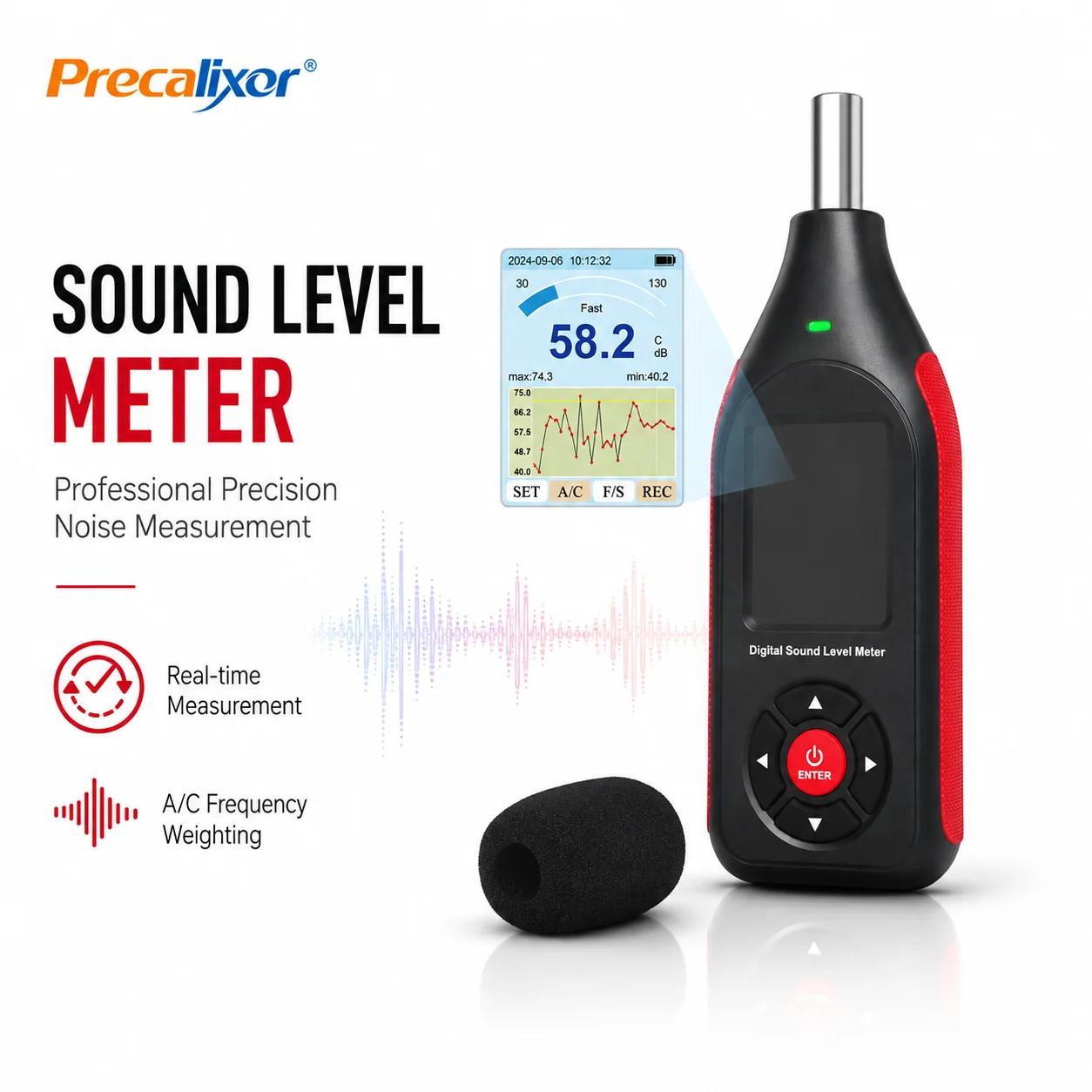 Sound Level Meter Data Logger, 43k Records Noise Decibel Tester A/C Freq DC Output Rechargeable 3-Color Alarm Monitor