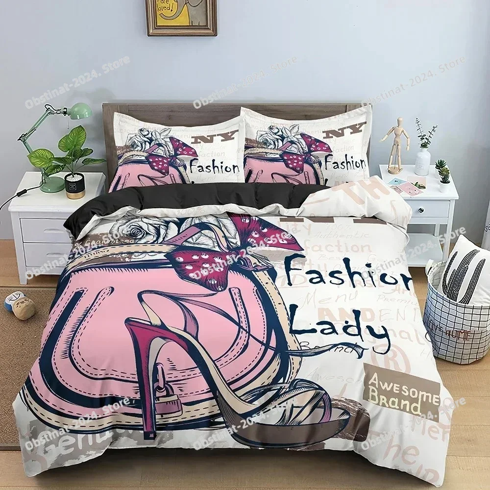 Fashion Woman Cosmetics Bedding Set Bedclothes Female High-heeled Shoes DuvetQuilt Queens Cover Kings Single Size Home Textile