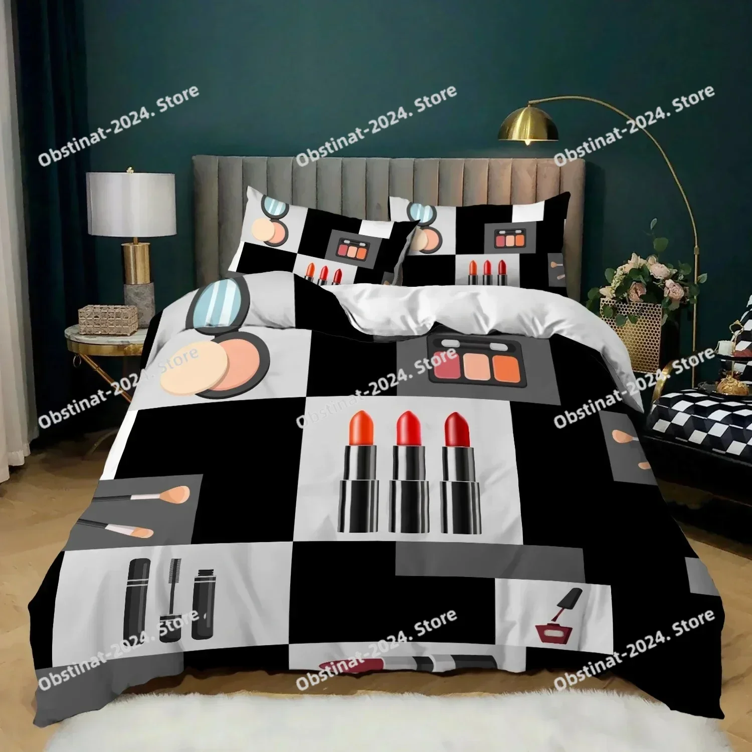 Cosmetic Duvet Cover Set King Size Makeup Theme Bedding Set Lipstick Mascara Eye Shadow Modern Soft Microfiber Comforter Cover