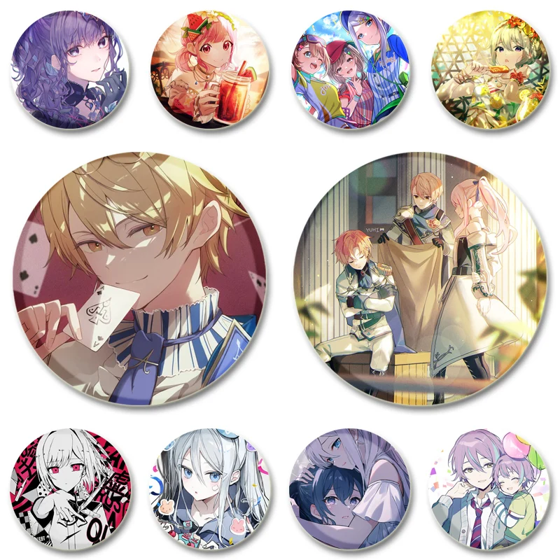 Cosplay Handmade Tinplate Plastic Badge Luka Kamishiro Rui Otori Emu Brooches for Collar Clothes Backpack Jewelry Fans Gifts