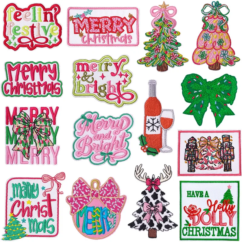 Merry Christmas Cartoon Bow Tree Iron-on Sew Embroidery Badge Patch DIY T-shirt Hat Backpack Clothing Applique Sticker
