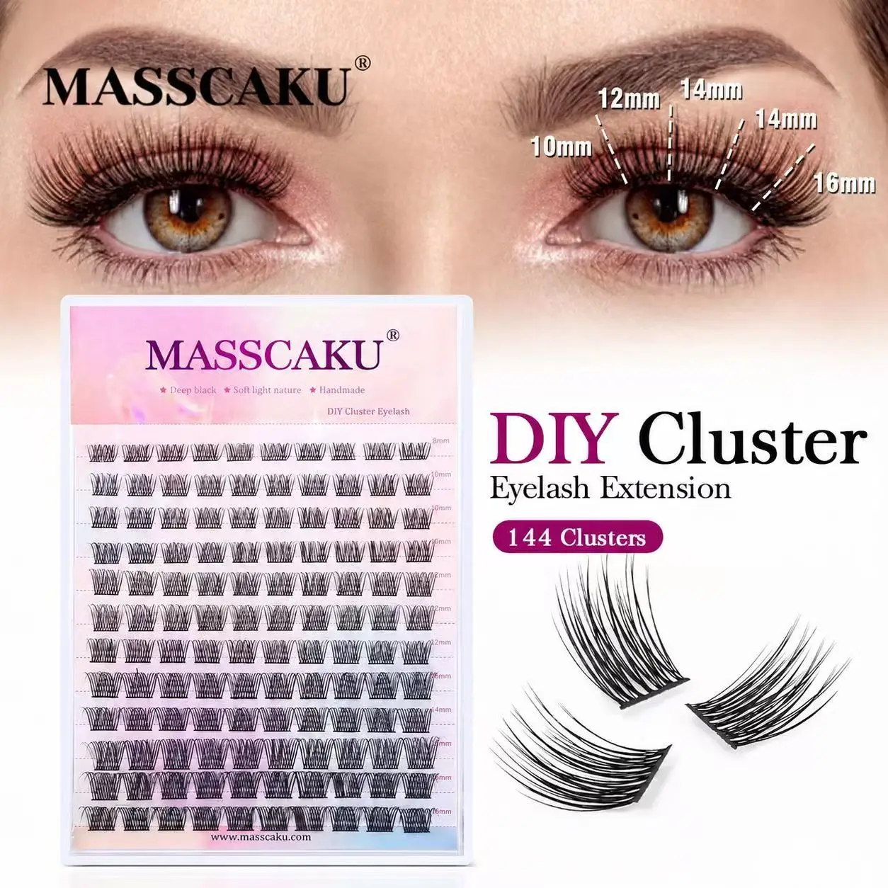 MASSCAKU DIY Cluster Eyelash Extension 8-16mm Mix Coating Remover Female Makeup Faux Mink Volume Natural Segmented Lash