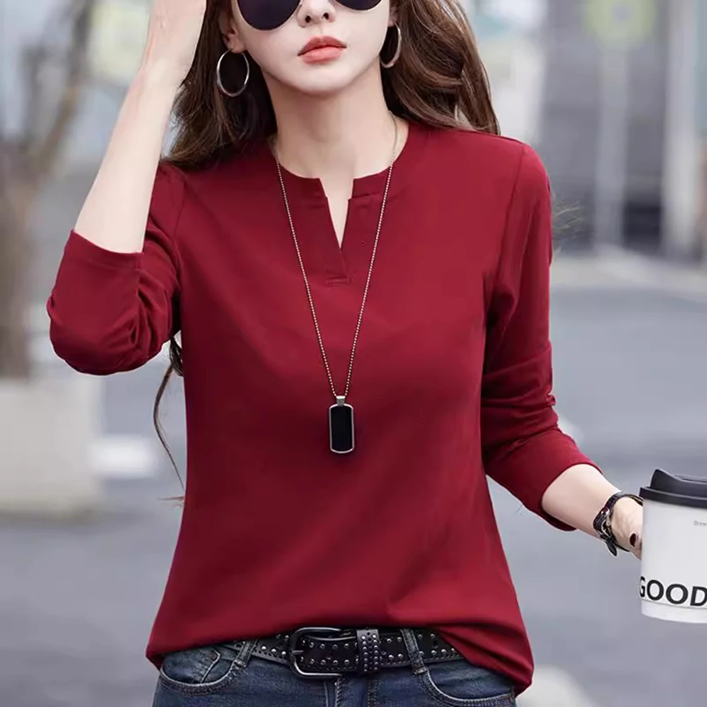 Spring and Autumn All Seasons Women's Long Sleeved T-shirt Wine Red Pure Cotton New Fashion Large V-neck Slim Fit Casual Top 3XL
