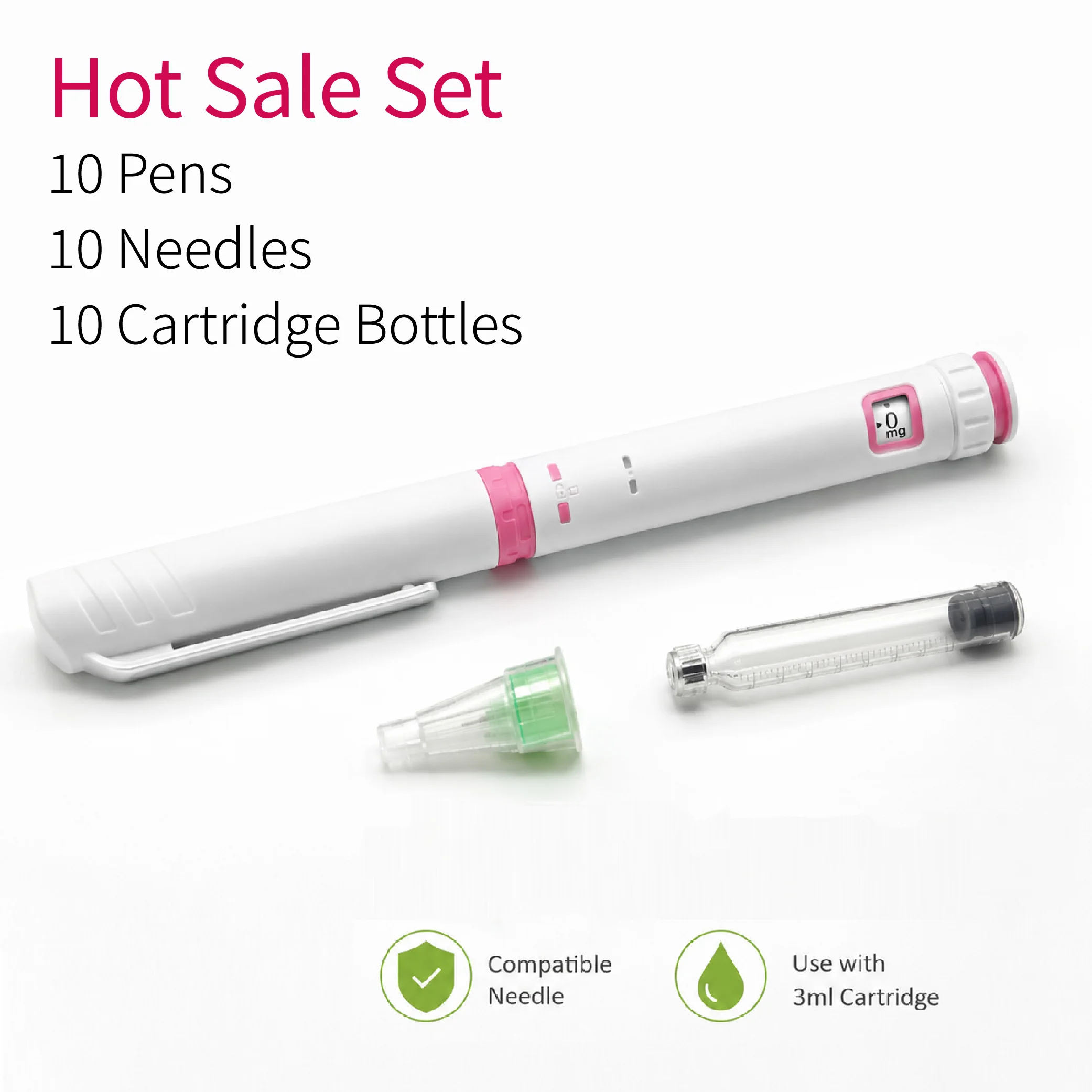 10pcs 60IU Pink Disposable Personal Care Beauty Tool Injection Pen Dosage Adjustable 3ml Glass Cartridges 4, 5, 6, 8mm Needles