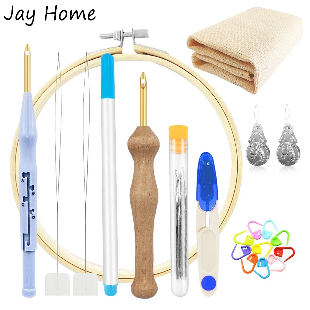 10PCS Embroidery Punch Needle Kits Adjustable Yarn Punch Needle & Punch Needle Cloth & Embroidery Hoops for DIY Sewing Craft