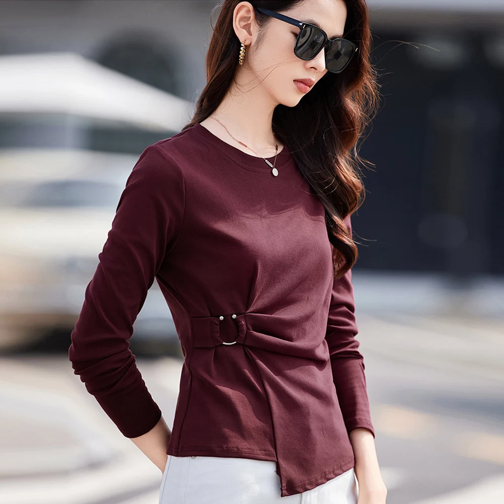 Wine red long sleeved t-shirt for women's autumn new high-end fashion cotton plus size asymmetrical splicing casual top