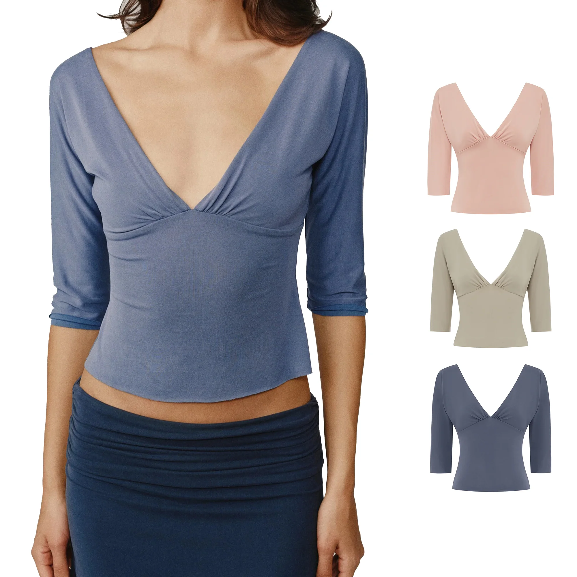 Wj Deep V-Neck Ruched Three-Quarter Sleeve Top, Short Waist-Exposing Slim-Fit Knit Base Shirt, Ruched Neckline Waist-Cinching Short Top, Versatile Solid Color Basic Top
