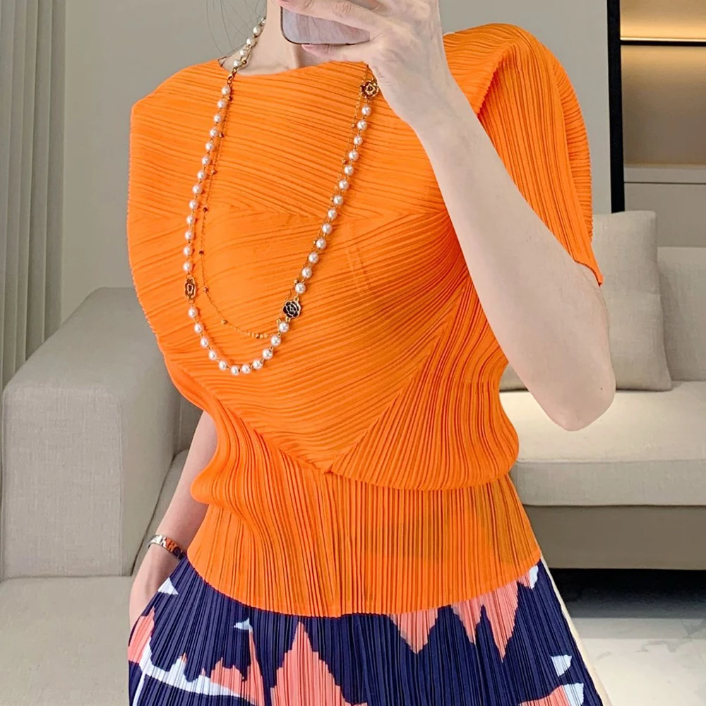 Folds irregular short sleeves simple versatile temperament commuting solid color top women's waist thin T-shirt new