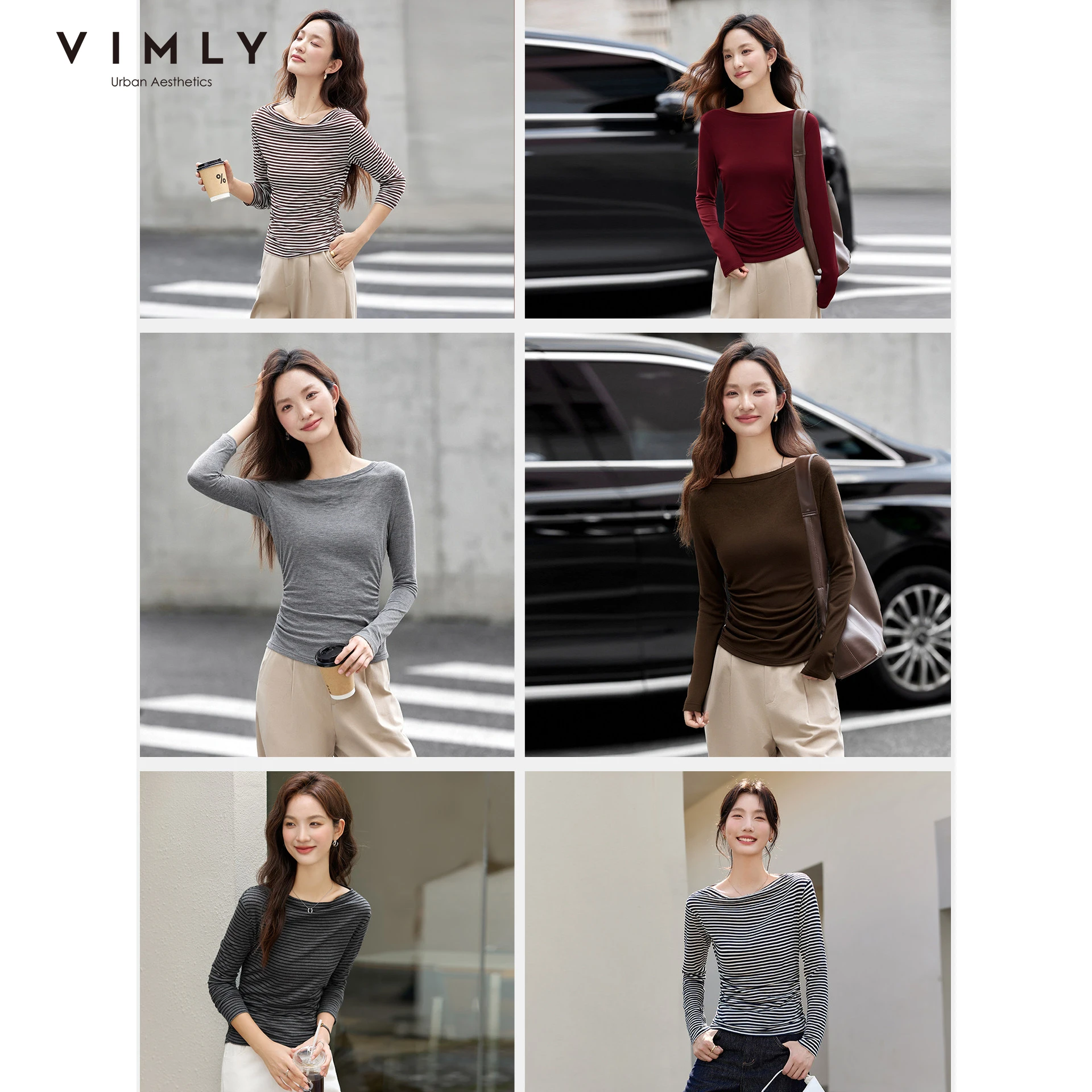 VIMLY Tops Woman 2026 Spring Fall Slash Neck Long Sleeve Ladies T-shirts Casual Knitted Slim Fit Strecth Female Tees A3039