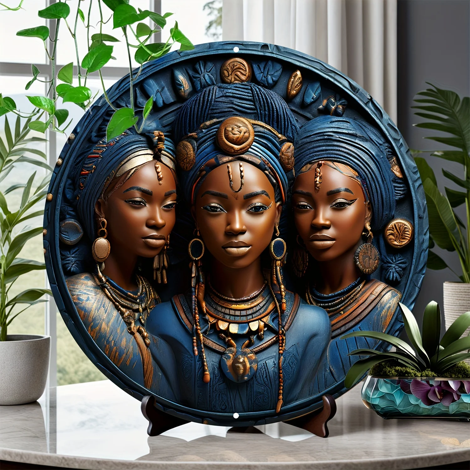 Three African Sisters Decorative Round Aluminum Wall Art, 2D Relief Sculpture, Decor for Home, Room, Bedroom, Office, Cafe Decor