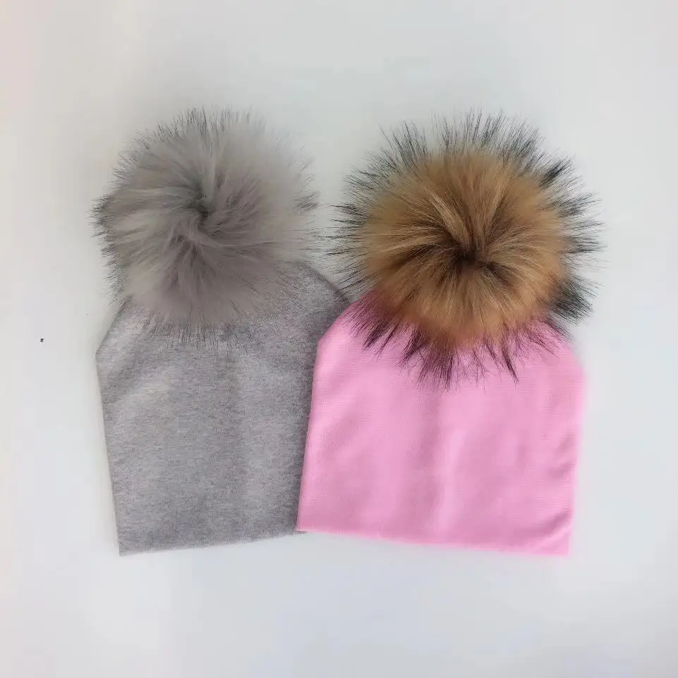 autumn children's infant toddler  raccoon faux fur pompom hat cap for Kids baby boys girl cotton newborn props hat beanie