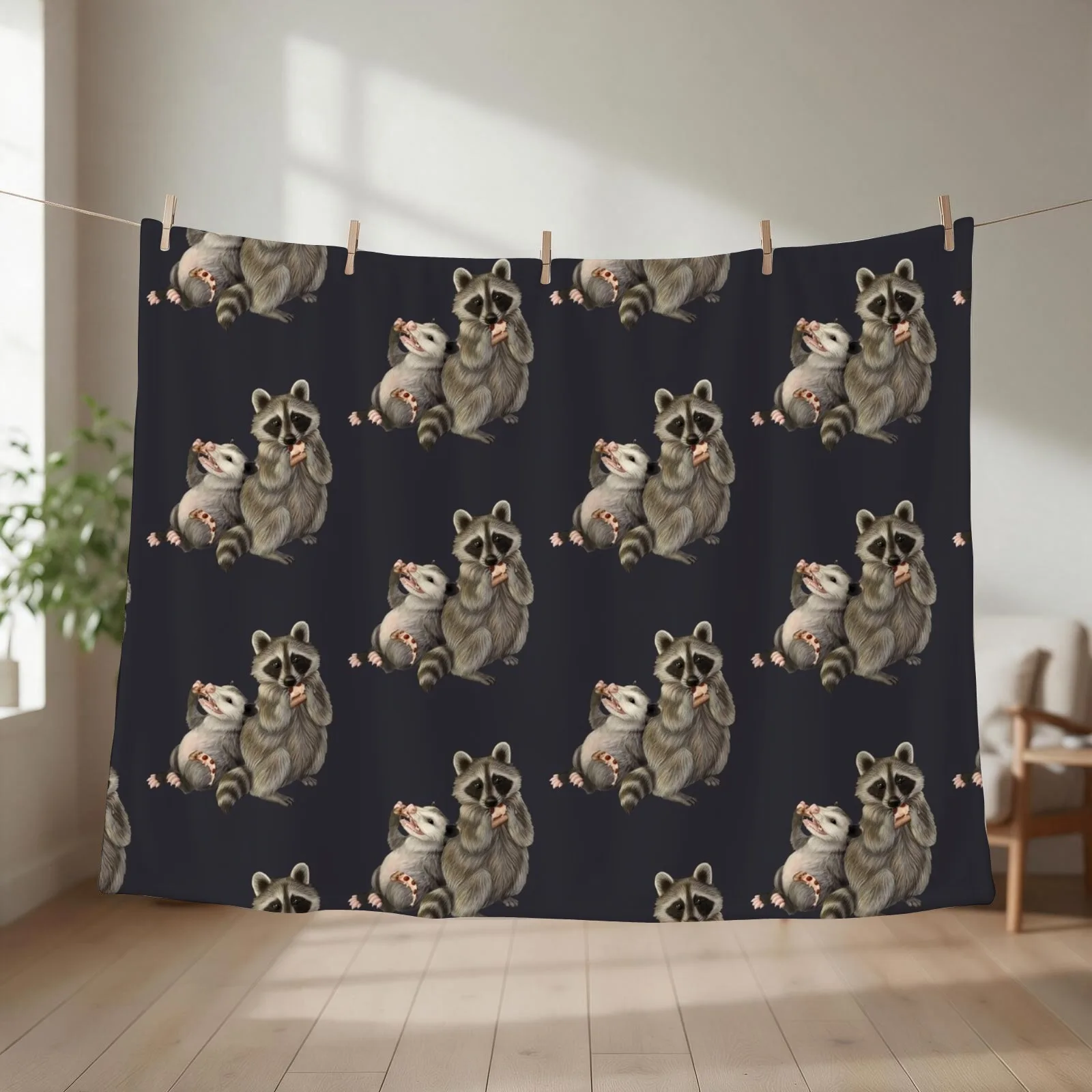 Possum and raccoon with pizza Throw Blanket couch cozy soft plush fuzzy picnic outdoor blanket