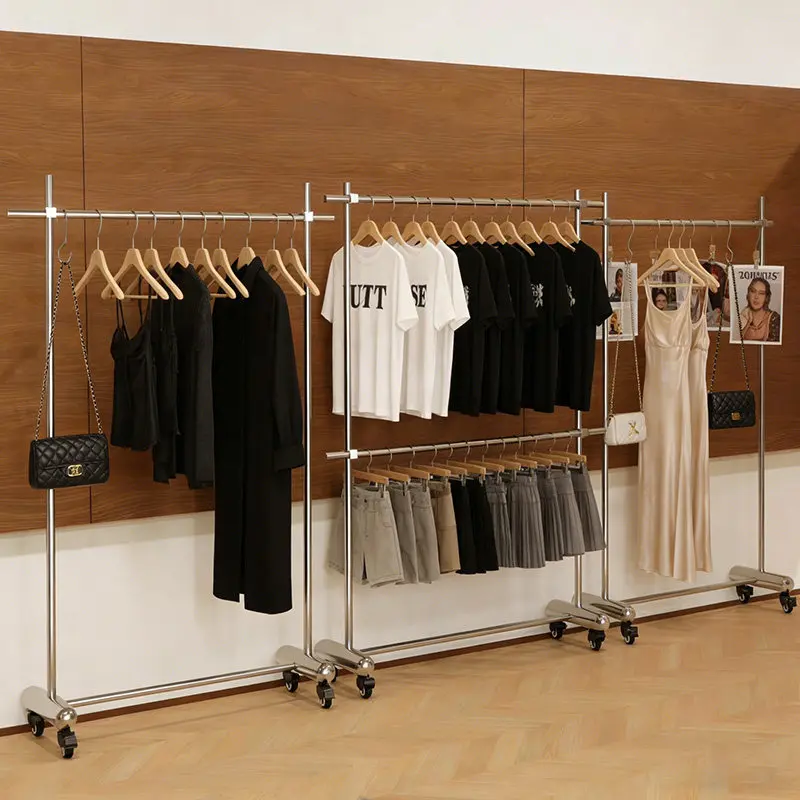 Clothes drying rack indoor household balcony stainless steel double-layer lifting movable floor hanging hanger does not occupy t